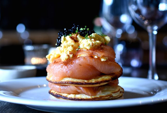 Smoked Salmon and Scrambled Eggs with Caviar and Sweetcorn Blinis